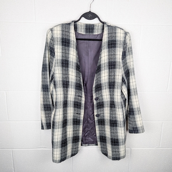 Long Plaid Blazer Statement Buttons Soft Woven Cream Grey Black Lined Collarless - Picture 5 of 5